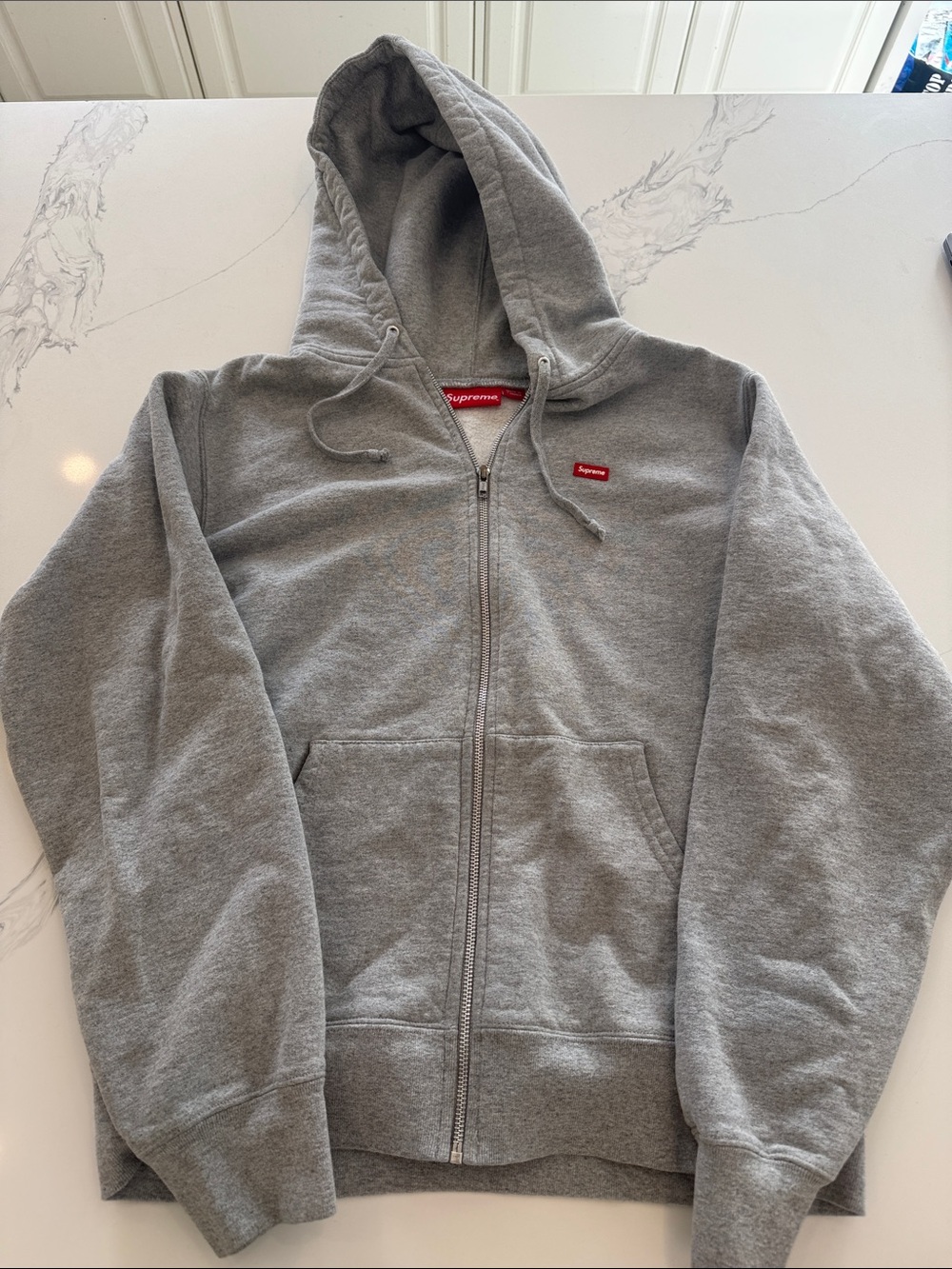 Authentic Supreme Gray Zip-Up Hoodie with Red Logo